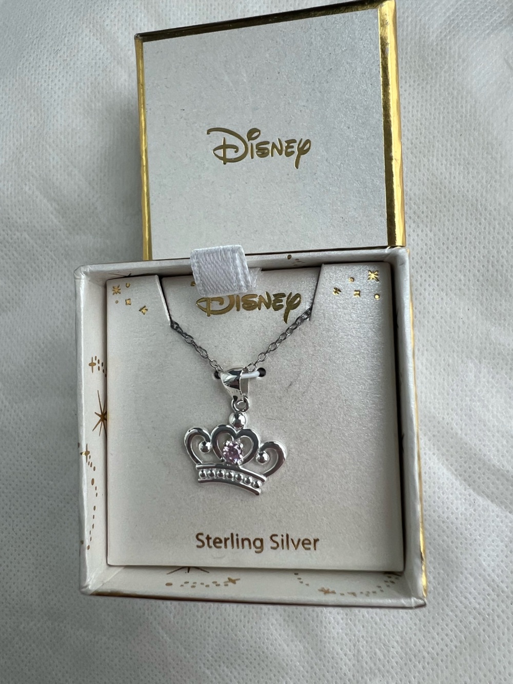 Disney Sterling Silver Crown Necklace with Pink Stone
